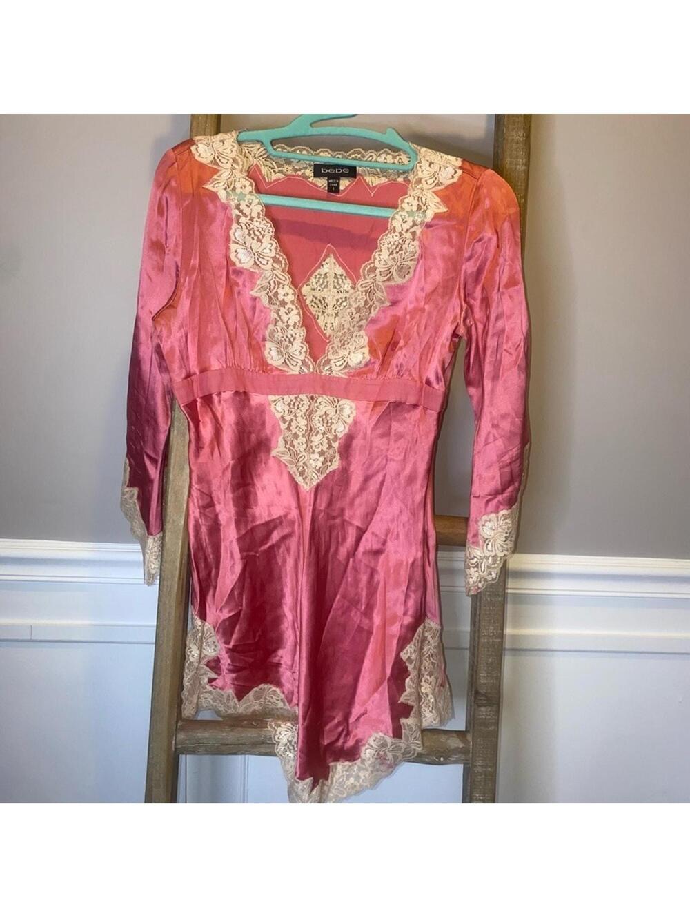 Vintage BeBe Y2K-era Pink Silk Lace Trimmed Babydoll Fairy Tunic Top Size Small